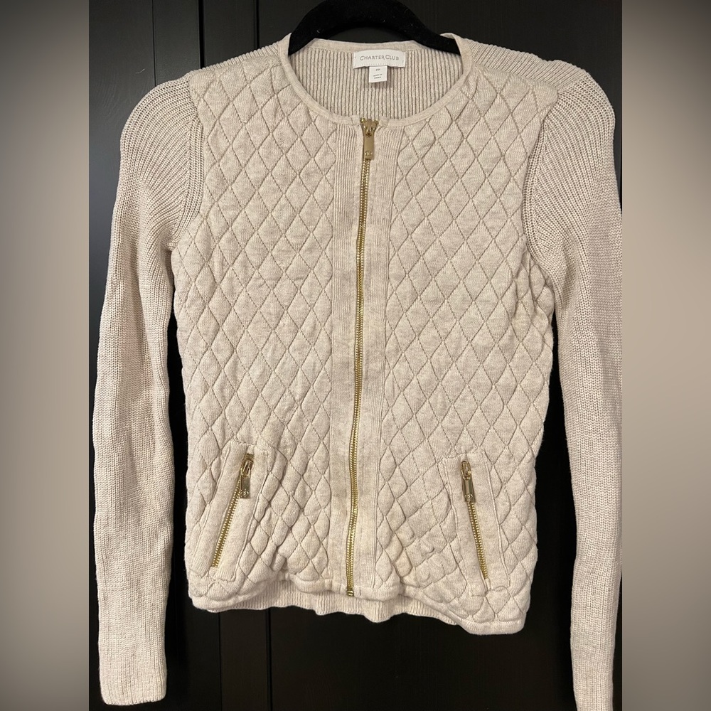 Charter Club Oatmeal Cable Knit Zip Cardigan Sweater - Size S / Petite PP